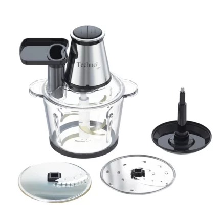 خردکن 4 تیغه 3 لیتری تکنو مدل Te‑220، جنس بدنه شیشه و تیغه استیل ضد زنگ، به همراه 1 تیغه مخصوص رنده، خلال و همزن، قابلیت تنظیم سرعت